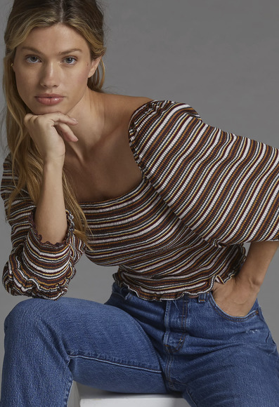 Anthropologie Tops - NEW Anthropologie Smocked Puff-Sleeved Striped Fitted Top - M